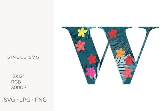 Palm Leaves and Flowers Inside Letter W Graphics and Icons
