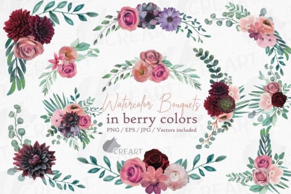 Watercolour Berry Color Floral Bouquets: Premium Graphics for Print Templates
